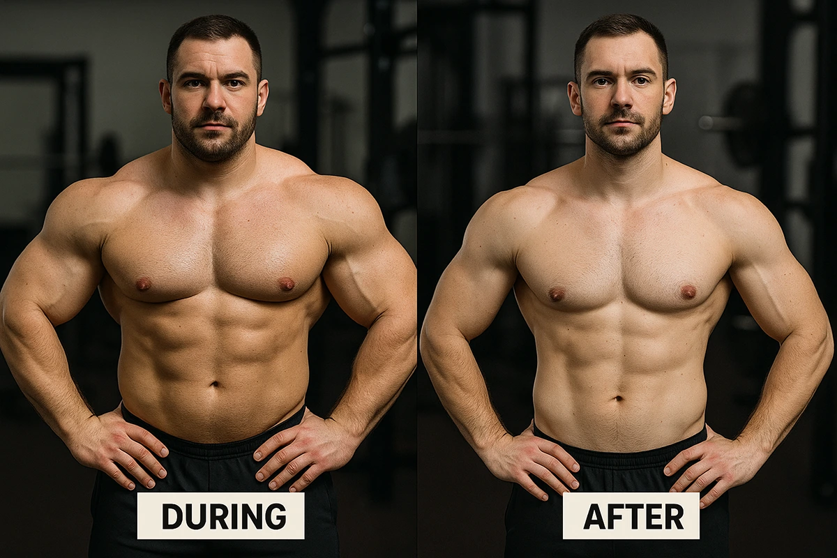 Before and after image showing increased muscle size, vascularity, and definition after a dianabol cycle